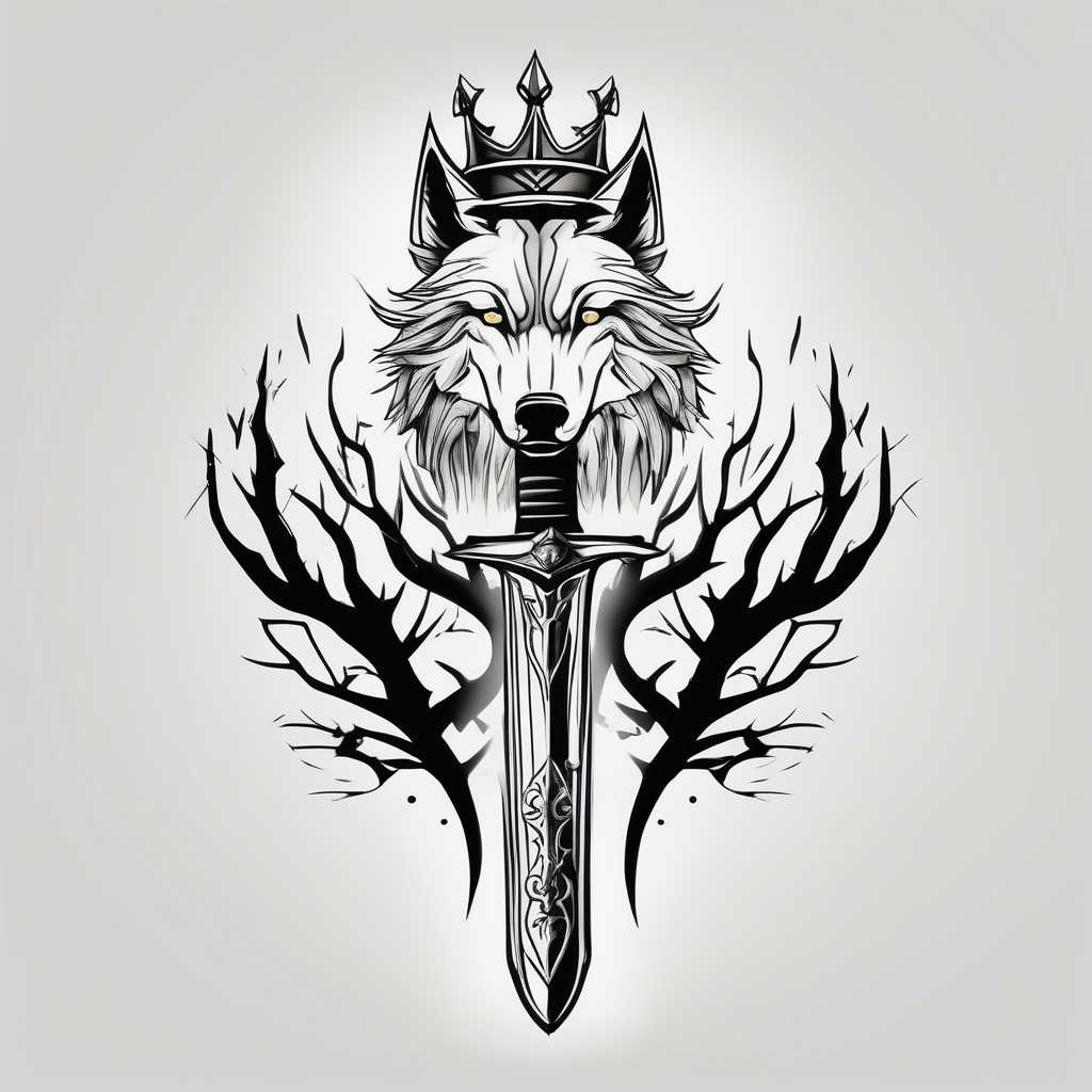 Create a vision of arm tattoo sleeve with combination of sword, crown, tree and three wolves to represent clients family roots half-sleeve-for-men, AI-generated Minimalist tattoo design