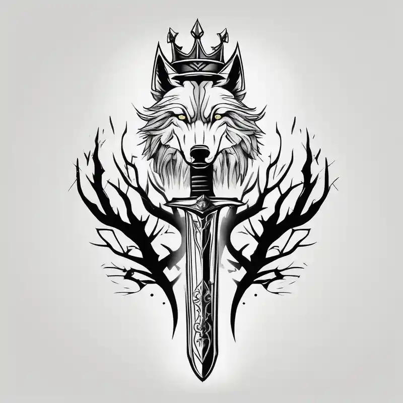 Create a vision of arm tattoo sleeve with combination of sword, crown, tree and three wolves to represent clients family