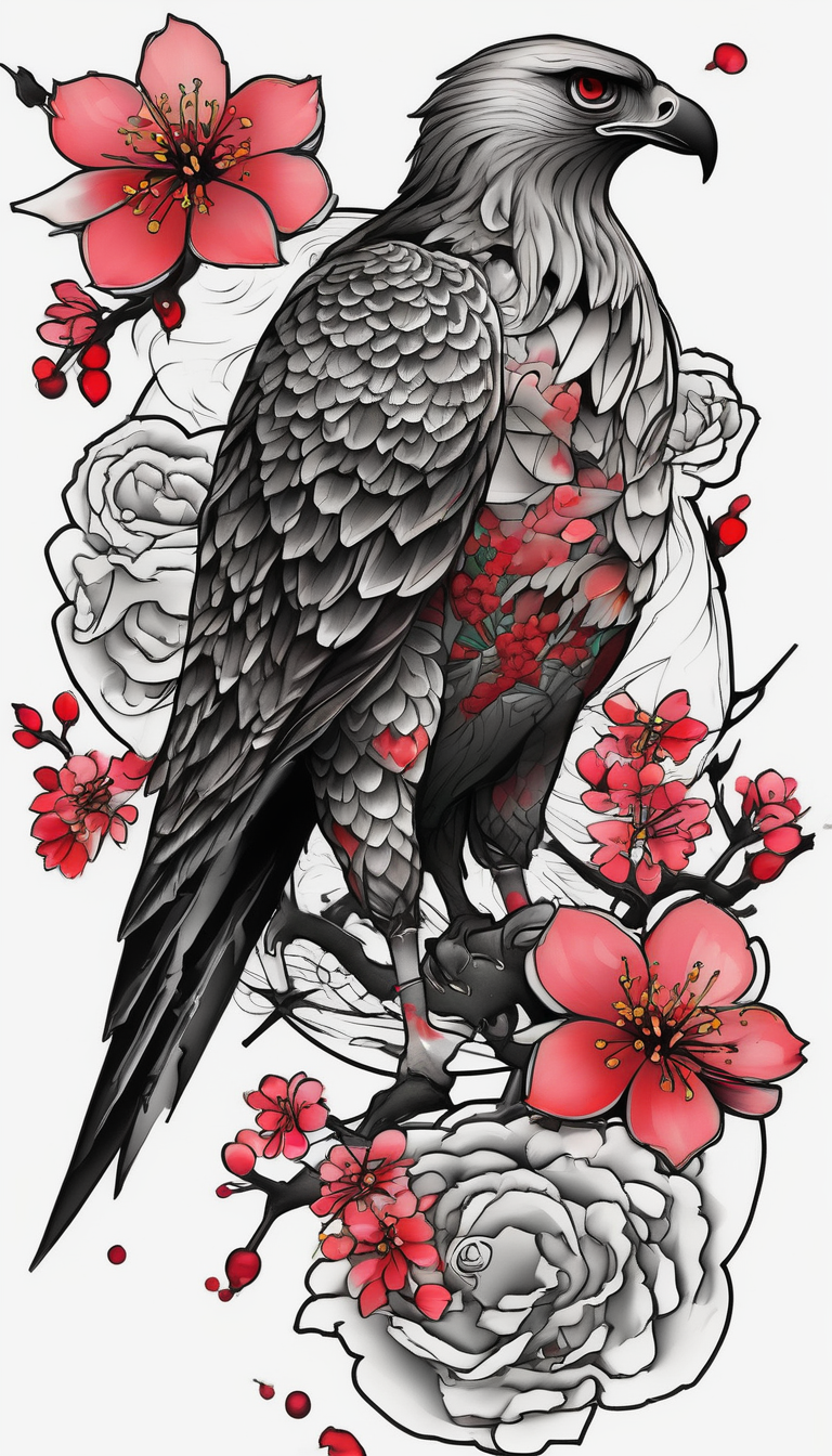 traditional style full leg sleeve with one hawk and cherry blossoms half-sleeve-for-men, design de tatouage Blackwork généré par IA