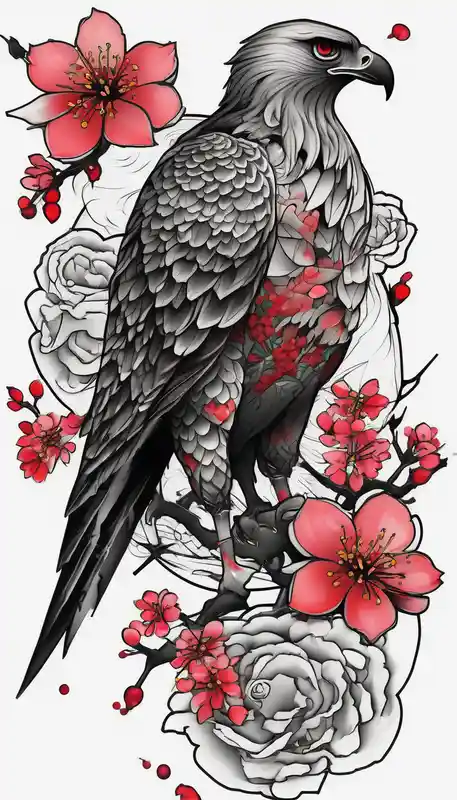 traditional style full leg sleeve with one hawk and cherry blossoms