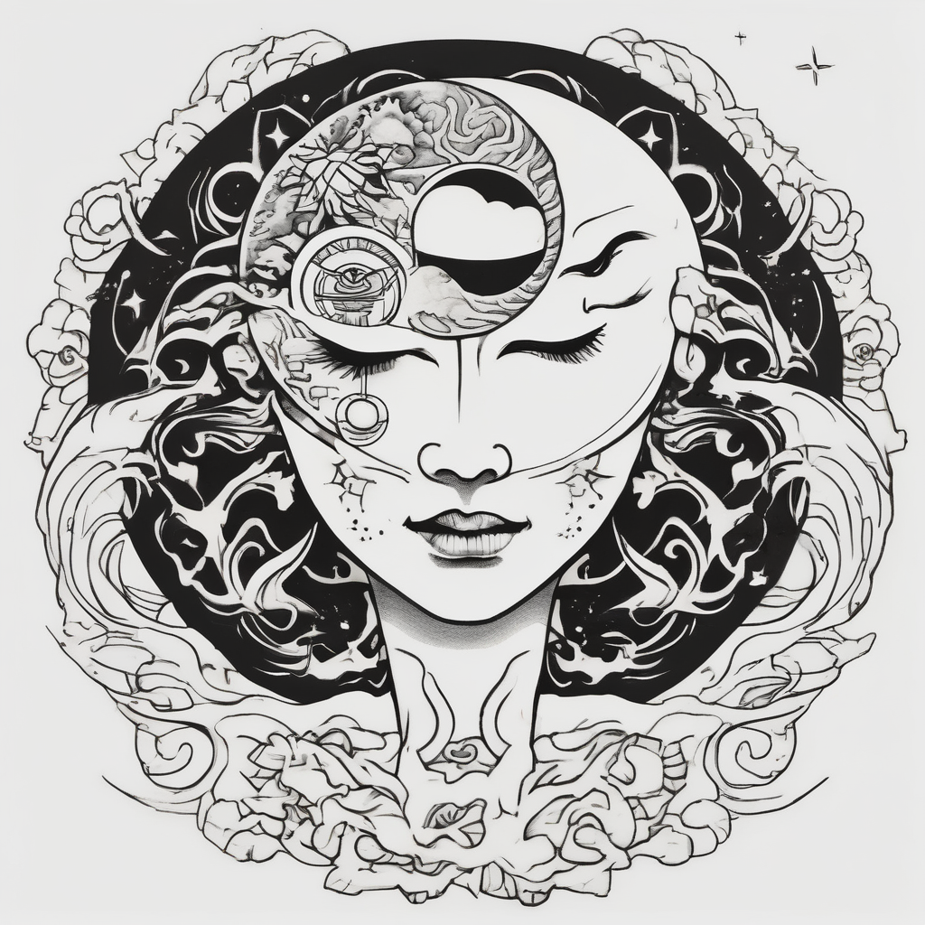 sun and the moon, the overlap the sun has a woman's half face, and the moon, a man's face half making a single face half-sleeve, diseño de tatuaje Japonés generado con IA