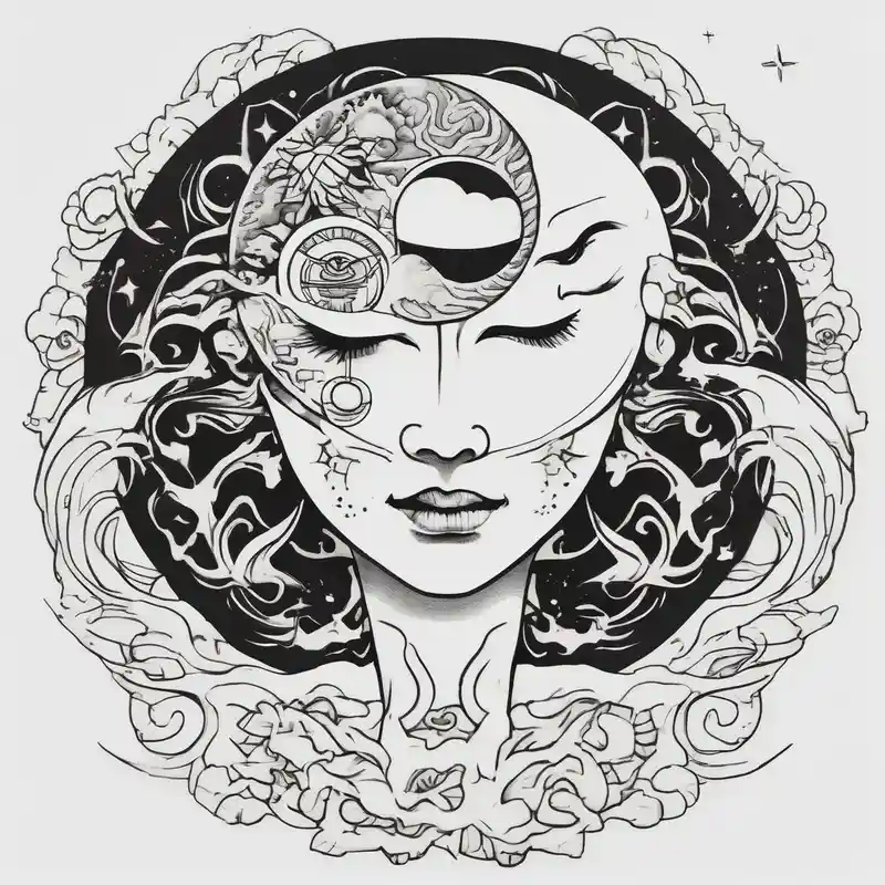 sun and the moon, the overlap the sun has a woman's half face, and the moon, a man's face half making a single face – Japonés, Blanco y negro