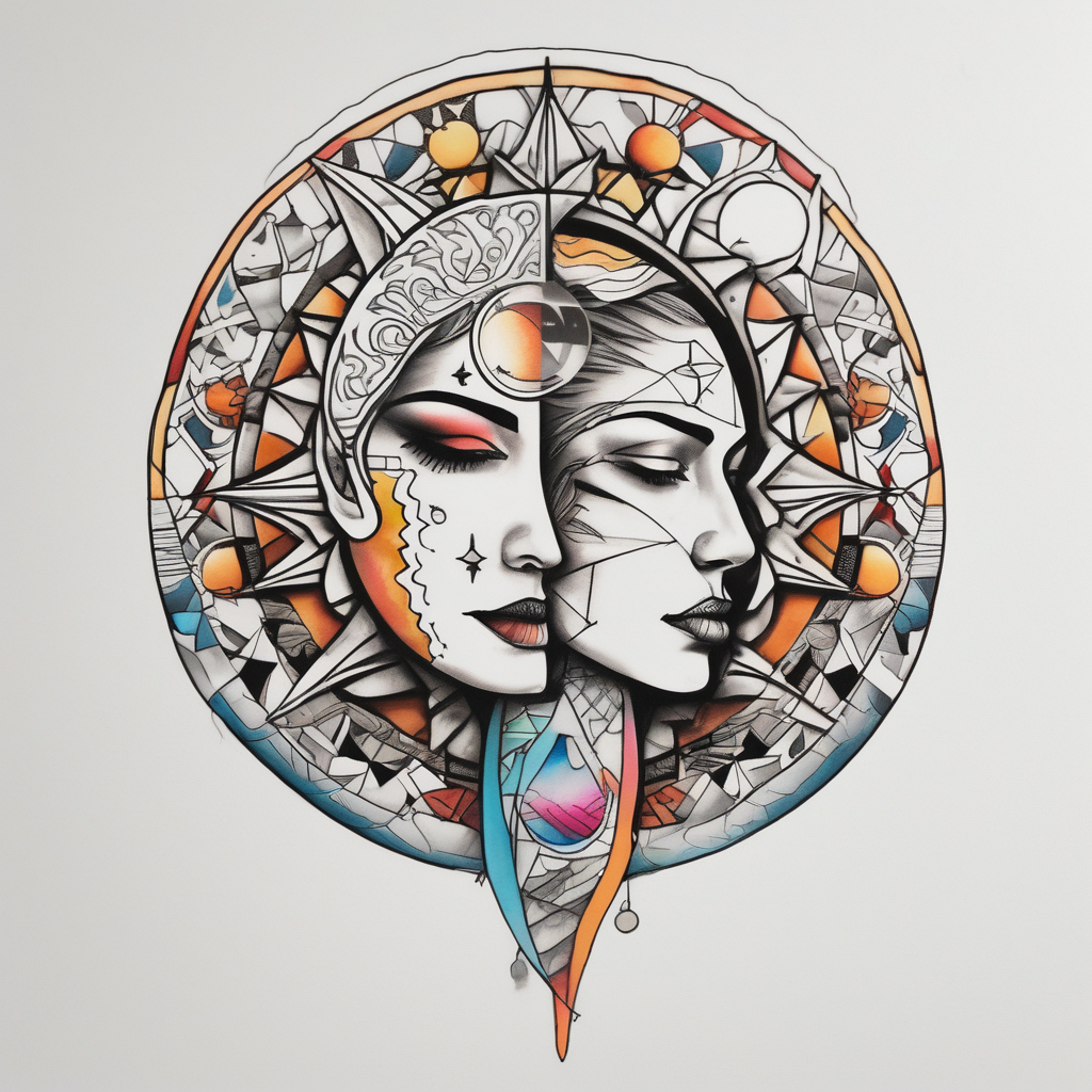 single face half of the face is a woman representing the sun, and the second half is a man representing the moon. the sun has a lake and the moon has a dessert half-sleeve, diseño de tatuaje Geométrico generado con IA