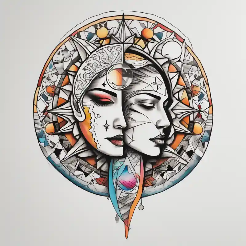 single face half of the face is a woman representing the sun, and the second half is a man representing the moon. the sun has – Geométrico, Colores vivos