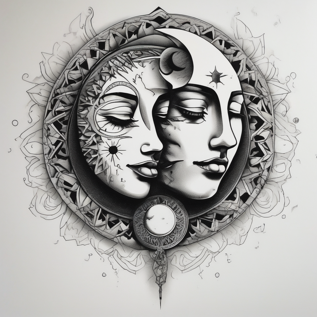 sun and the moon, the overlap the sun has a woman's half face, and the moon, a man's face half making a single face half-sleeve, diseño de tatuaje Dotwork generado con IA