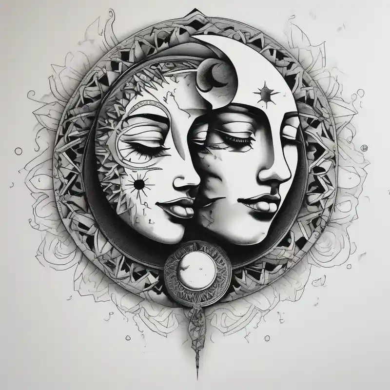 sun and the moon, the overlap the sun has a woman's half face, and the moon, a man's face half making a single face
