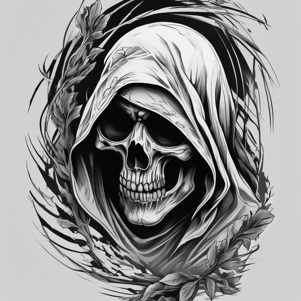 Continue a sleeve for a grim reaper shoulder tattoo half-sleeve, AI-generated Black and White tattoo design