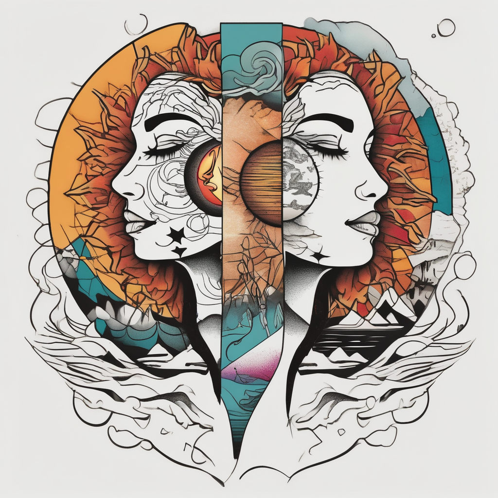 single face half of the face is a woman representing the sun, and the second half is a man representing the moon. the sun has a lake and the moon has a dessert half-sleeve, diseño de tatuaje Old school generado con IA