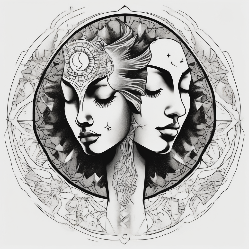 single face half of the face is a woman representing the sun, and the second half is a man representing the moon. half-sleeve, diseño de tatuaje Blackwork generado con IA