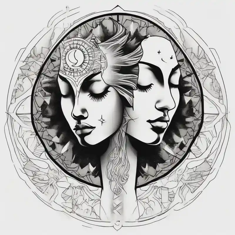 single face half of the face is a woman representing the sun, and the second half is a man representing the moon. – Blackwork, Blanco y negro