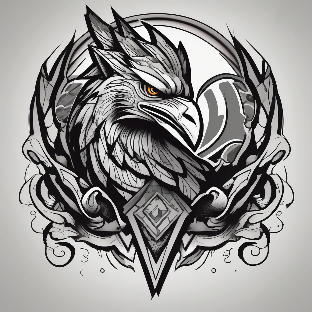 Black and grey leg tattoo of a Hawk beside a wolf in nature hawk-tuah, design de tatouage Cartoon généré par IA