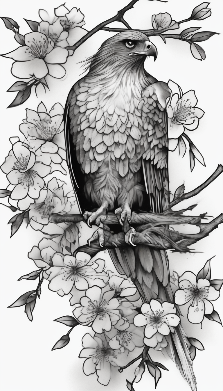 traditional style full leg sleeve with one hawk and cherry blossoms hawk-tuah, diseño de tatuaje Realista generado con IA