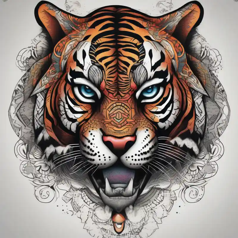 tiger and a hawk eye face together – Dotwork, Couleurs vives
