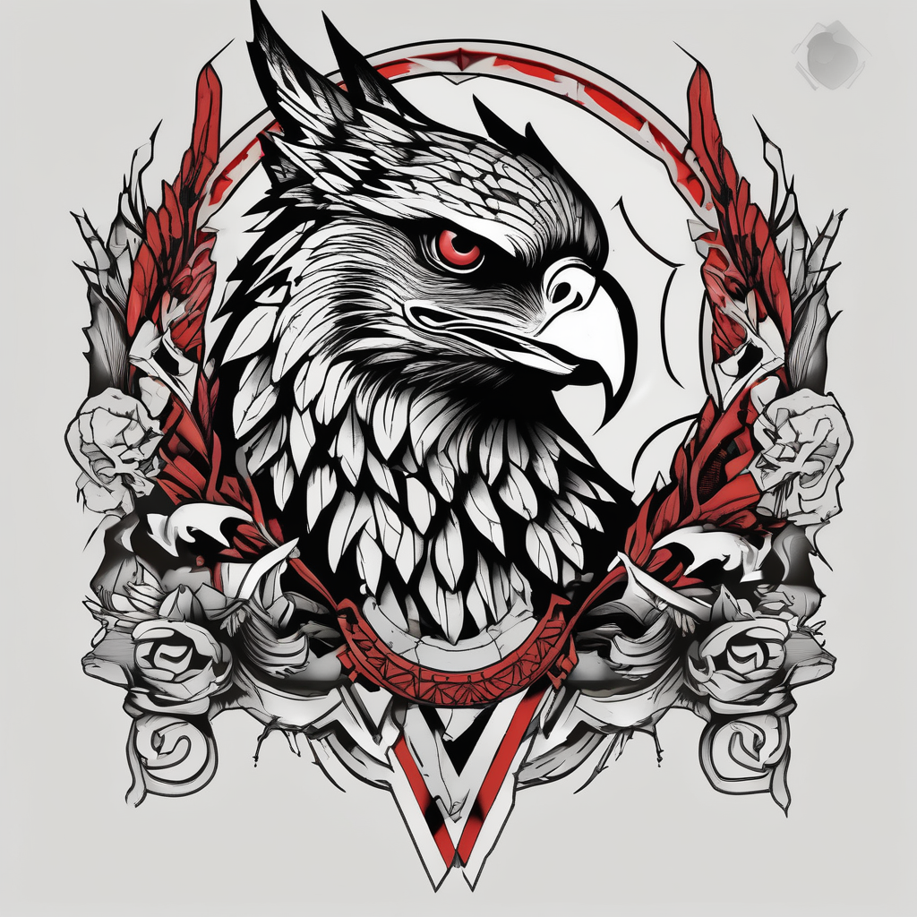 Black and grey tattoo of a Hawk beside a wolf in nature hawk-tuah, AI-generated Old School tattoo design