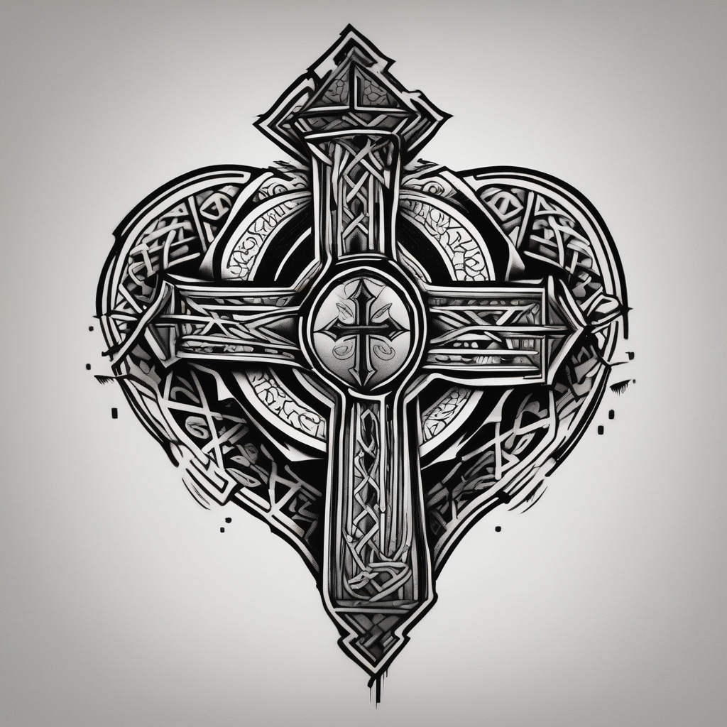 Heartbroken wit a cross and a heart that say destiny, AI-generated Blackwork tattoo design