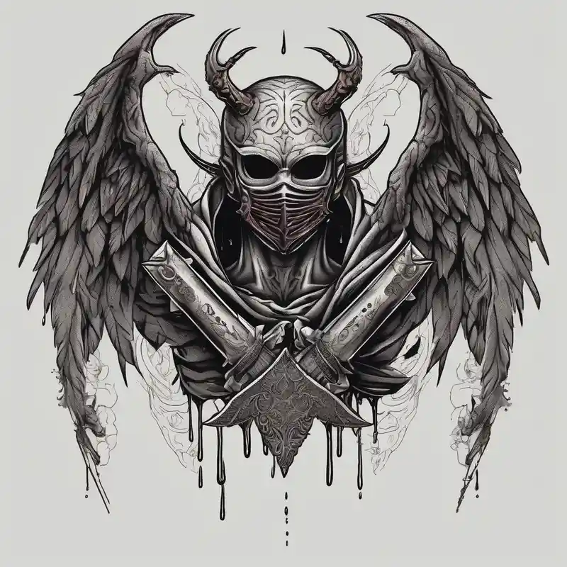 japan, heartbroken, mask, demon, wings, katana, sakura, blood tears – Blackwork, Blanco y negro