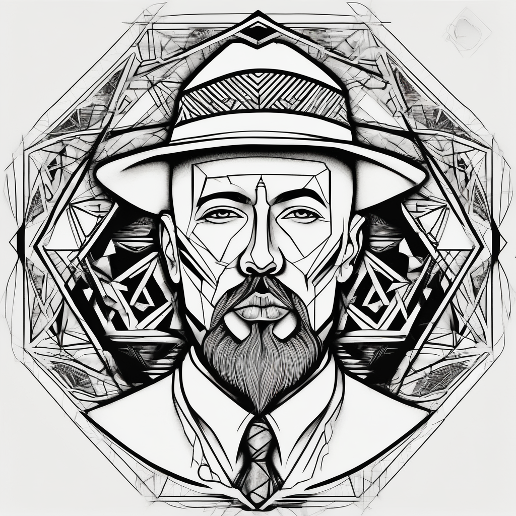 bald heartbroken man closeup goatee black hat, design de tatouage Géométrique généré par IA