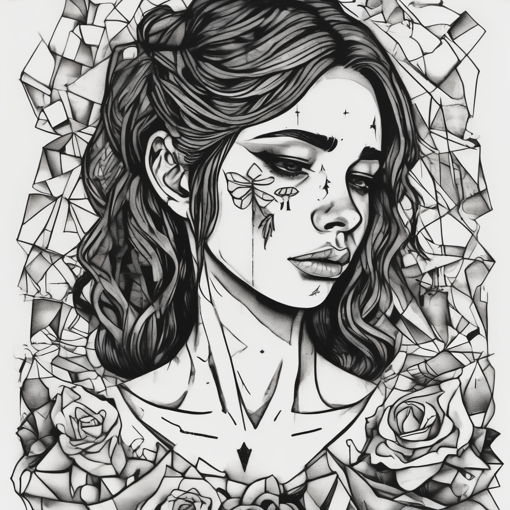 heartbroken girl making a wish with tears in her eyes. broken pictures and coupled paper next to her, diseño de tatuaje Blackwork generado con IA