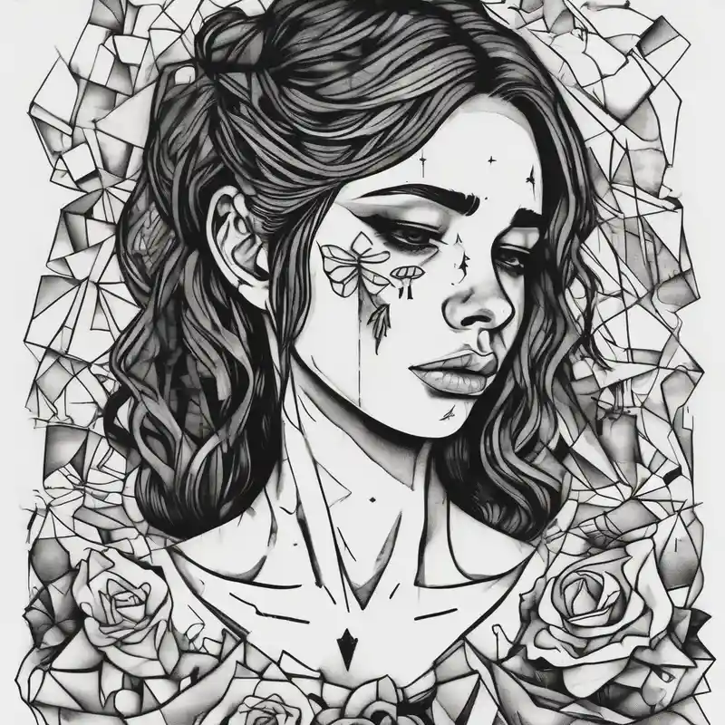 heartbroken girl making a wish with tears in her eyes. broken pictures and coupled paper next to her – Blackwork, Blanco y negro