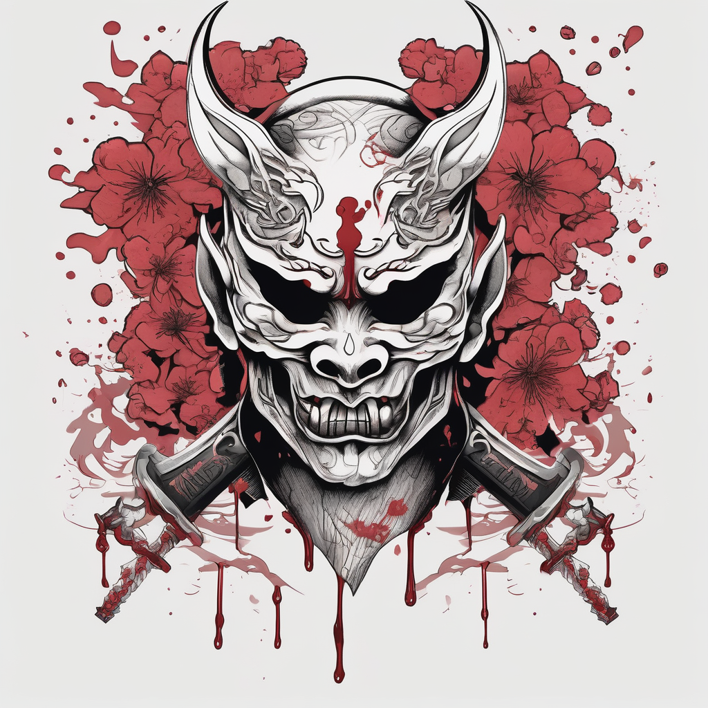 japan, heartbroken, mask, demon, wings, katana, sakura, blood tears, AI-generated Japanese tattoo design