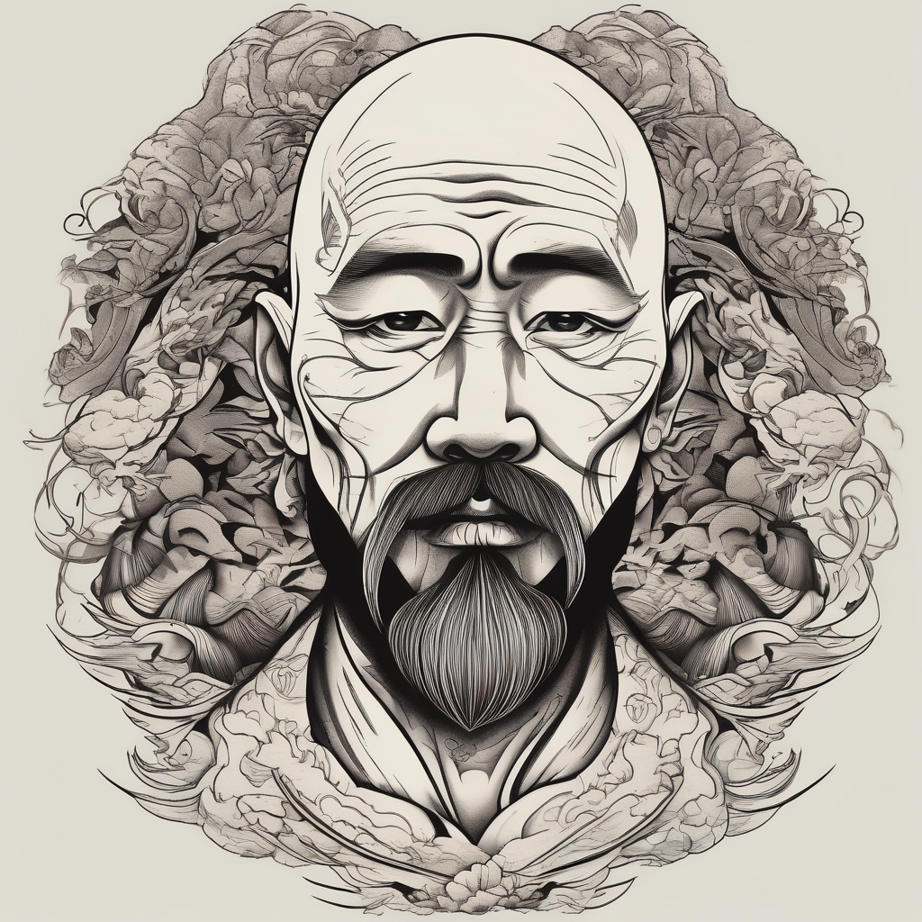 bald heartbroken man closeup van dyke goatee, AI-generated Japanese tattoo design