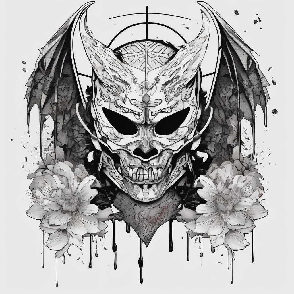 japan, heartbroken, mask, demon, wings, katana, sakura, blood tears, diseño de tatuaje Geométrico generado con IA