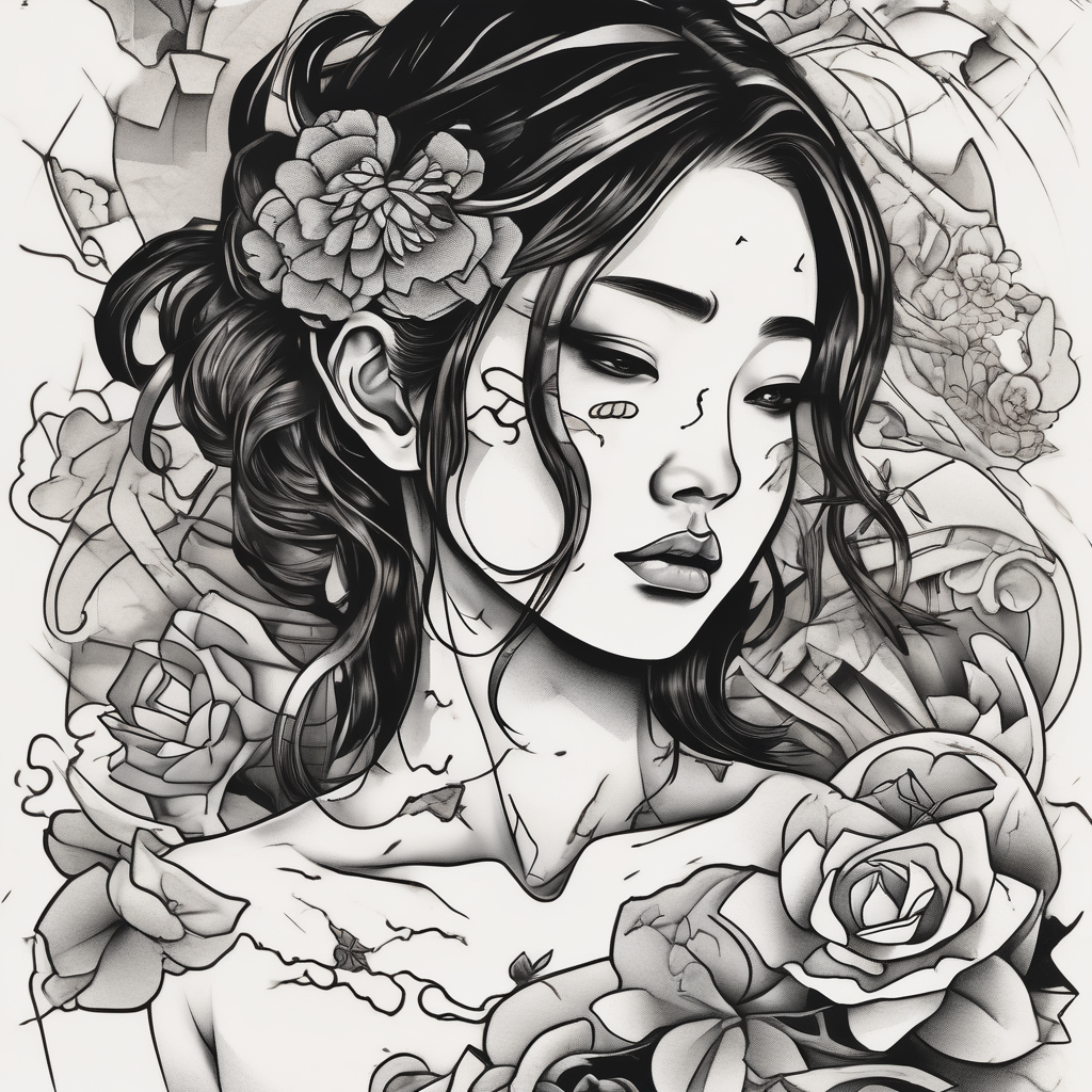 heartbroken girl making a wish with tears in her eyes. broken pictures and coupled paper next to her, diseño de tatuaje Japonés generado con IA