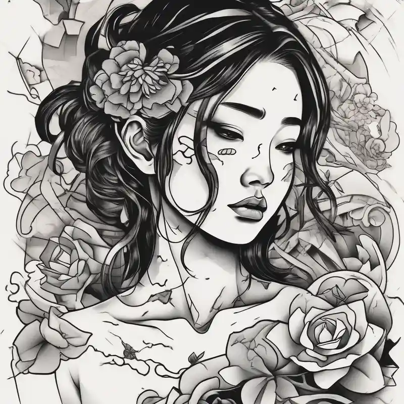 heartbroken girl making a wish with tears in her eyes. broken pictures and coupled paper next to her – Japonés, Colores vivos