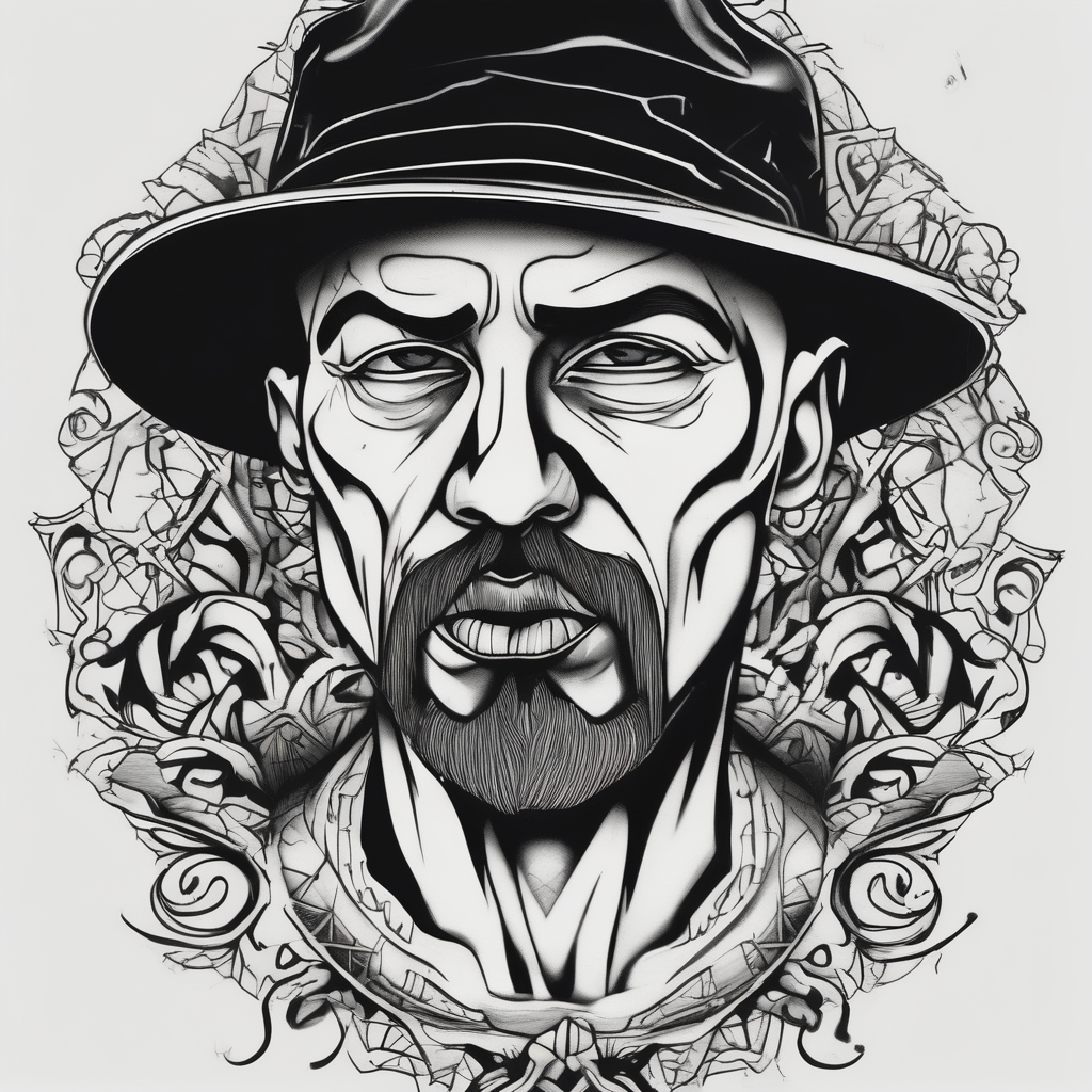 bald heartbroken man closeup goatee black hat, diseño de tatuaje Blackwork generado con IA