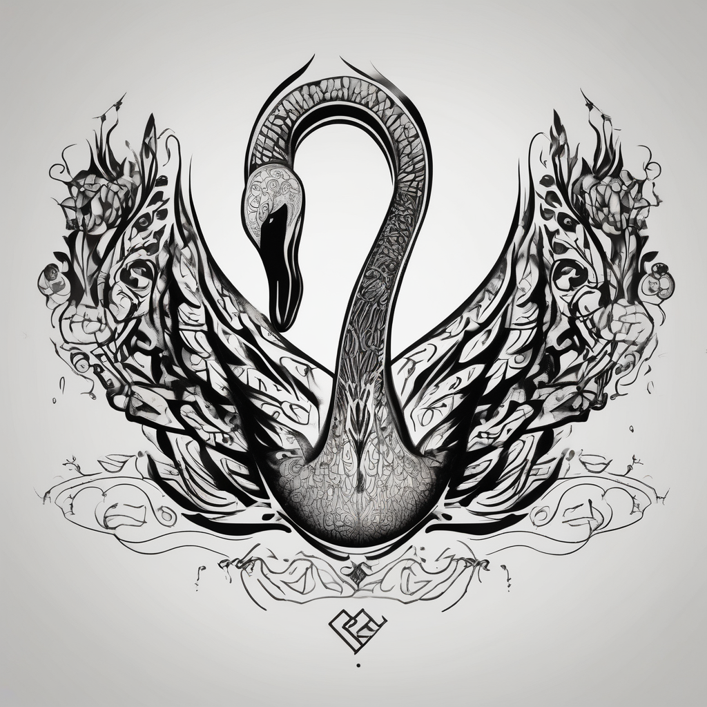 Contour of a swan, that has some Georgian words in it : including: სიცარიელე, იმედი, ამბავი. Heartbroken swan drown as all in one line, without breaking the line., design de tatouage Blackwork généré par IA