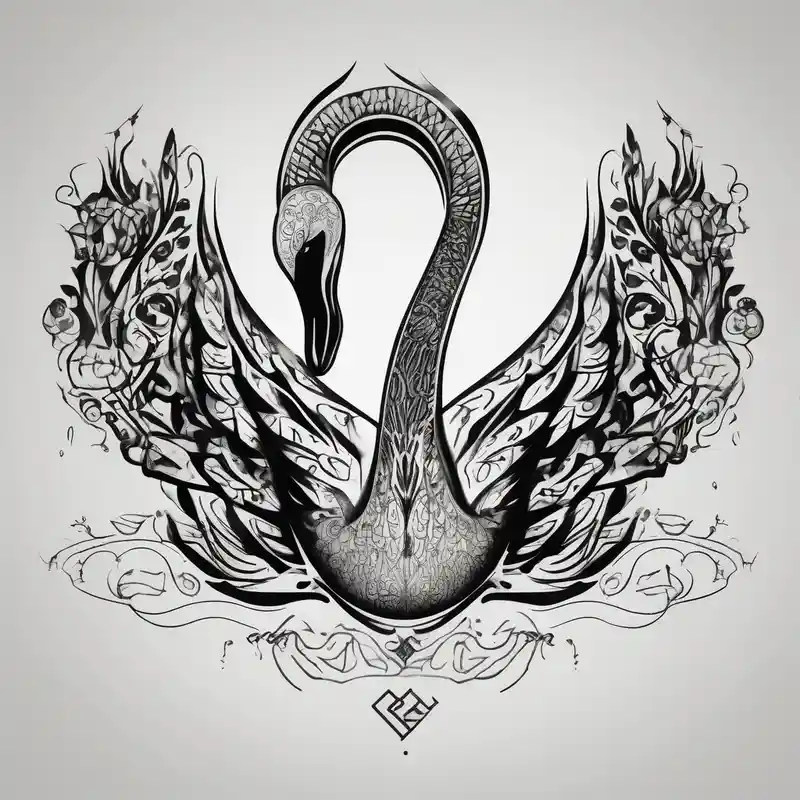 Contour of a swan, that has some Georgian words in it : including: სიცარიელე, იმედი, ამბავი. Heartbroken swan drown as all in