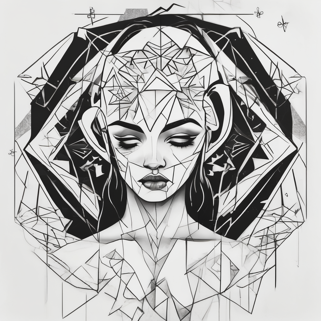 heartbroken girl making a wish with tears in her eyes. broken pictures and coupled paper next to her, AI-generated Geometric tattoo design