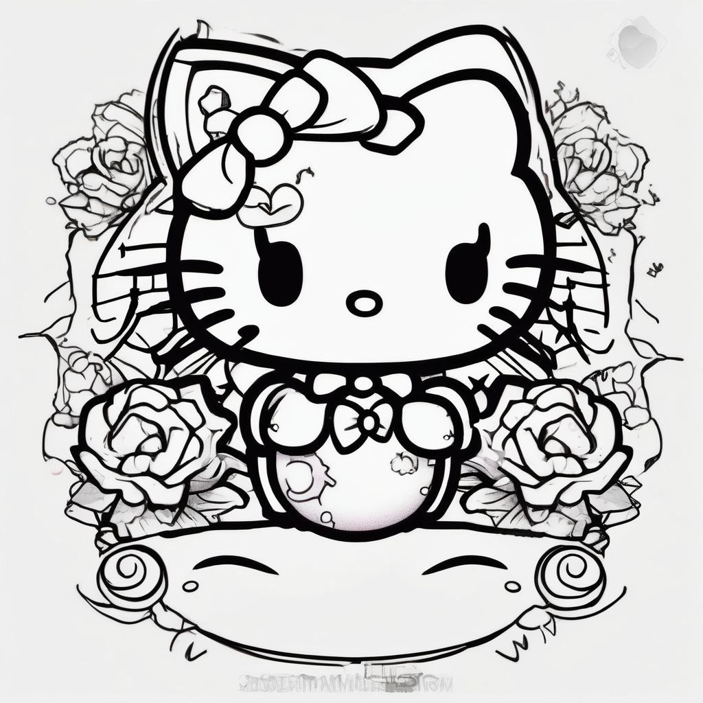 Hello kitty and girly cartoon caracters hello-kitty, AI-generated Sketch tattoo design