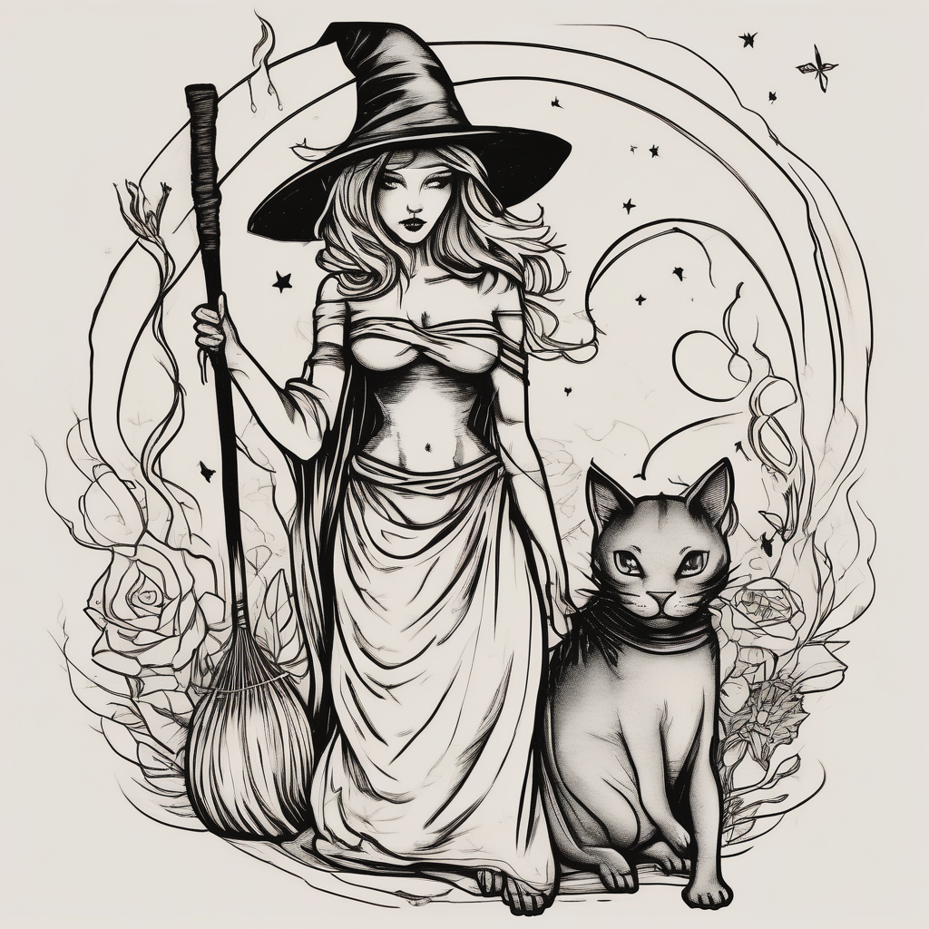 Thin witches silhouette with a beautiful witches broom a black kitty and a Siamese kitty and a tiny hippo hello-kitty, AI-generated Sketch tattoo design