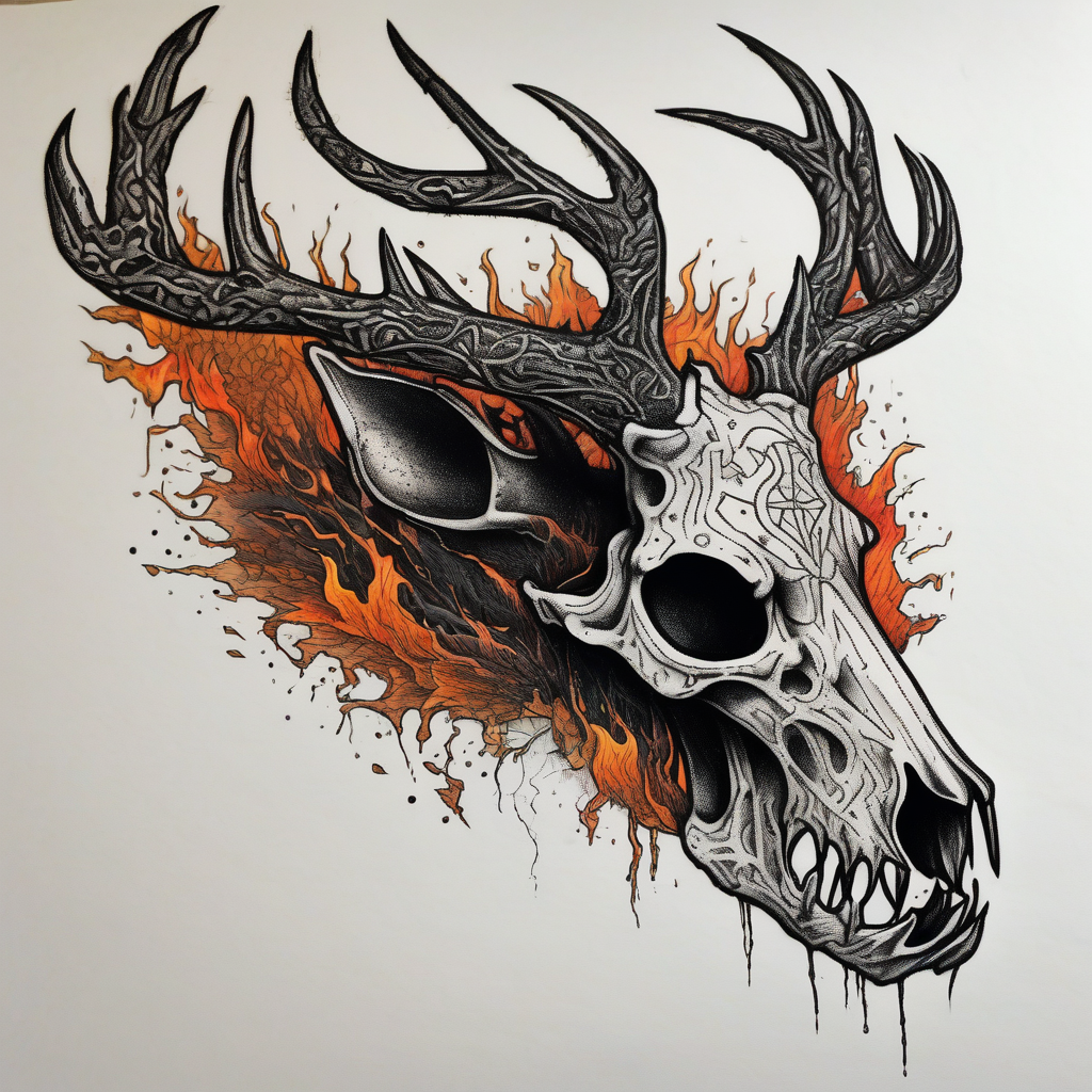 A frightening horror DECAYING deer skull JUST BONE side profile surrounded by a forest fire in background, diseño de tatuaje Dotwork generado con IA