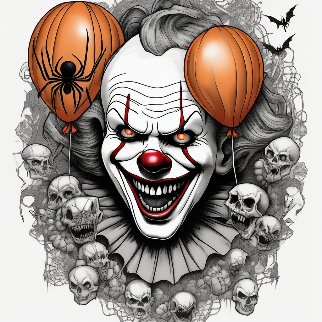 penny wise clown holding a single balloon, with spiders on webs that look evil , skulls all in a collage with other famous horror ,movie characters and an evil jack o lantern and pumpkin, diseño de tatuaje Surrealista generado con IA