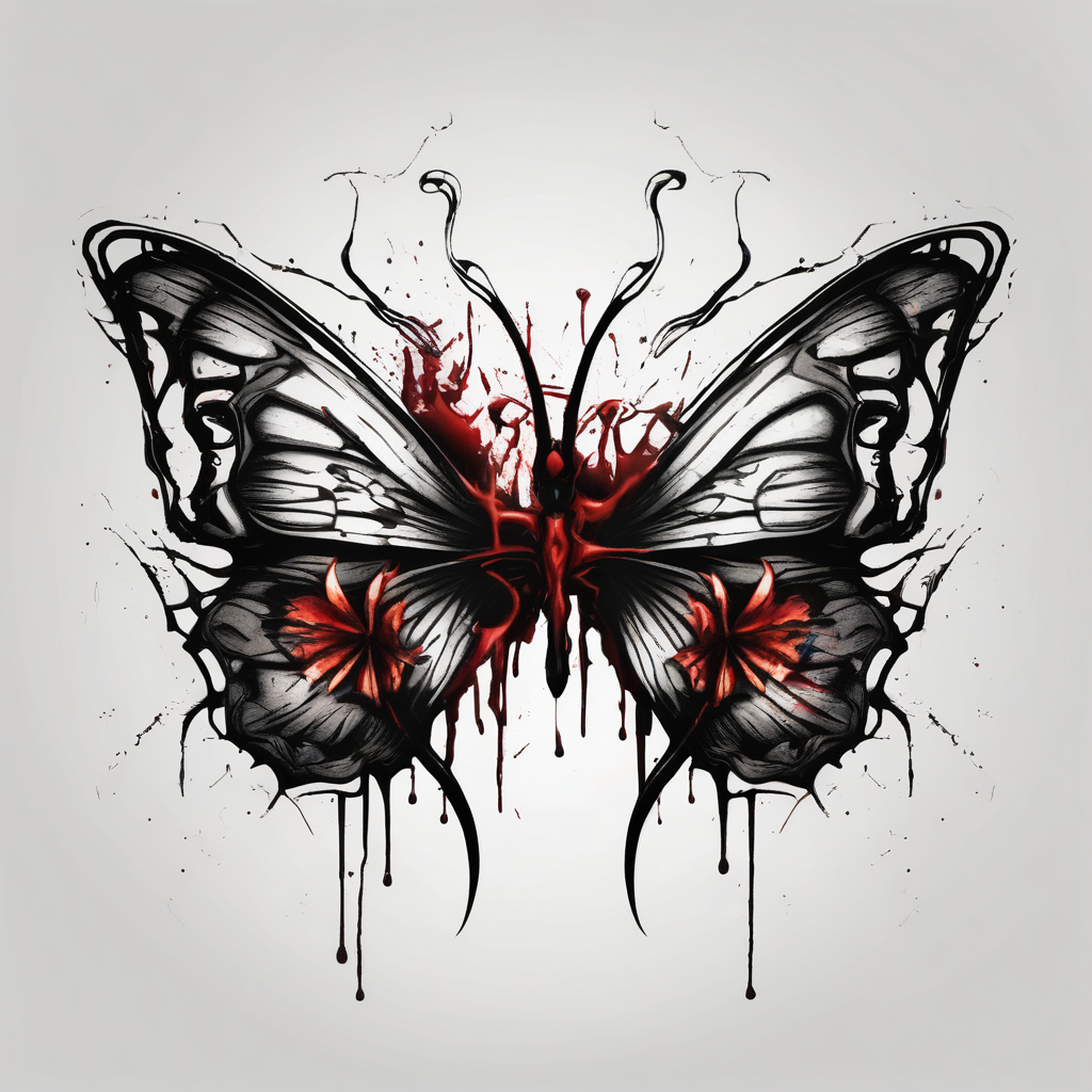 Bleeding butterfly and a second one who is in mental horror style and his placement is left and down from the first one, diseño de tatuaje Blackwork generado con IA