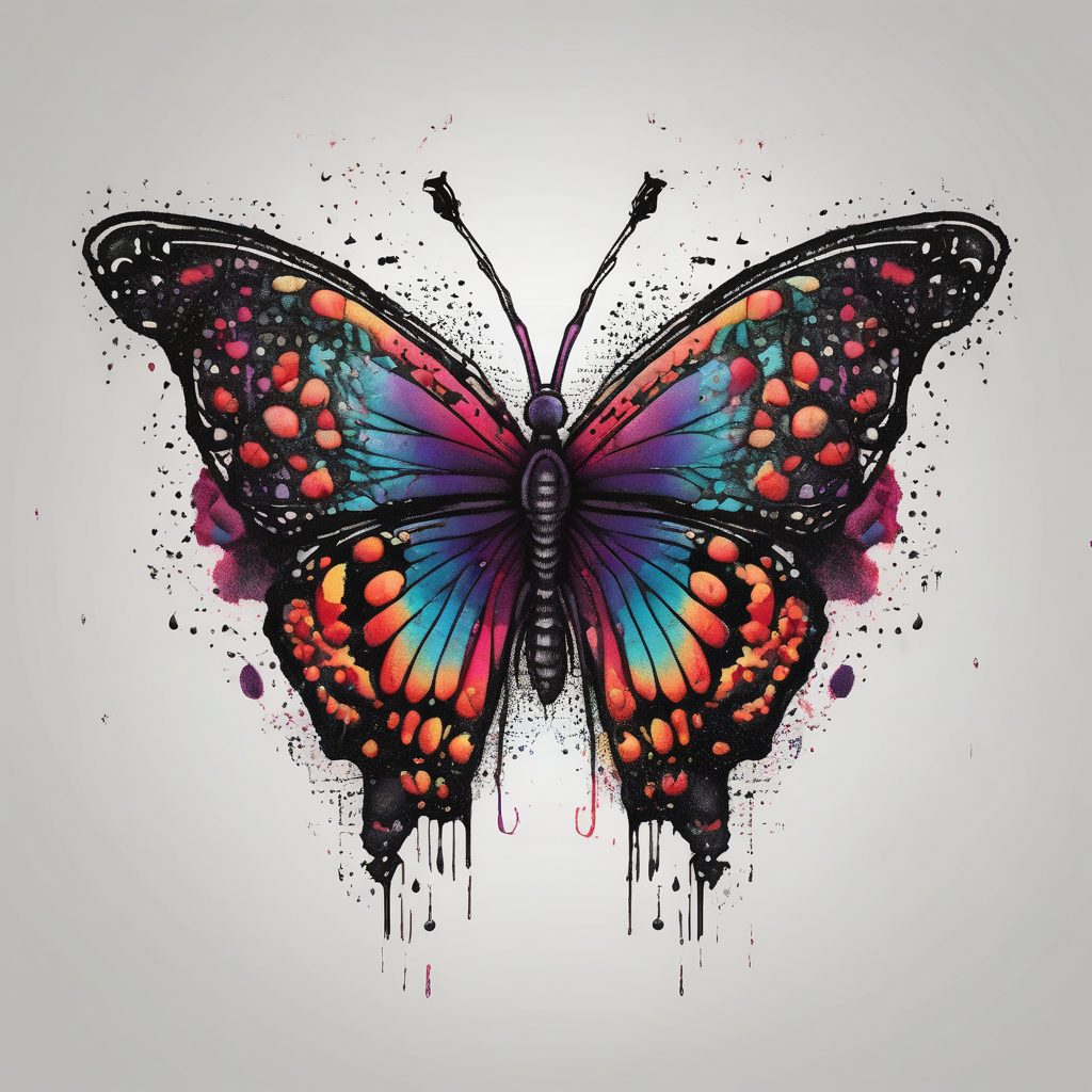 Bleeding butterfly and a second one who is in mental horror style and his placement is left and down from the first one, diseño de tatuaje Dotwork generado con IA