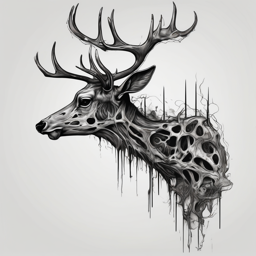 A frightening horror DECAYING deer carcass JUST BONE FROM THE SIDE surrounded by a forest fire in background, diseño de tatuaje Surrealista generado con IA