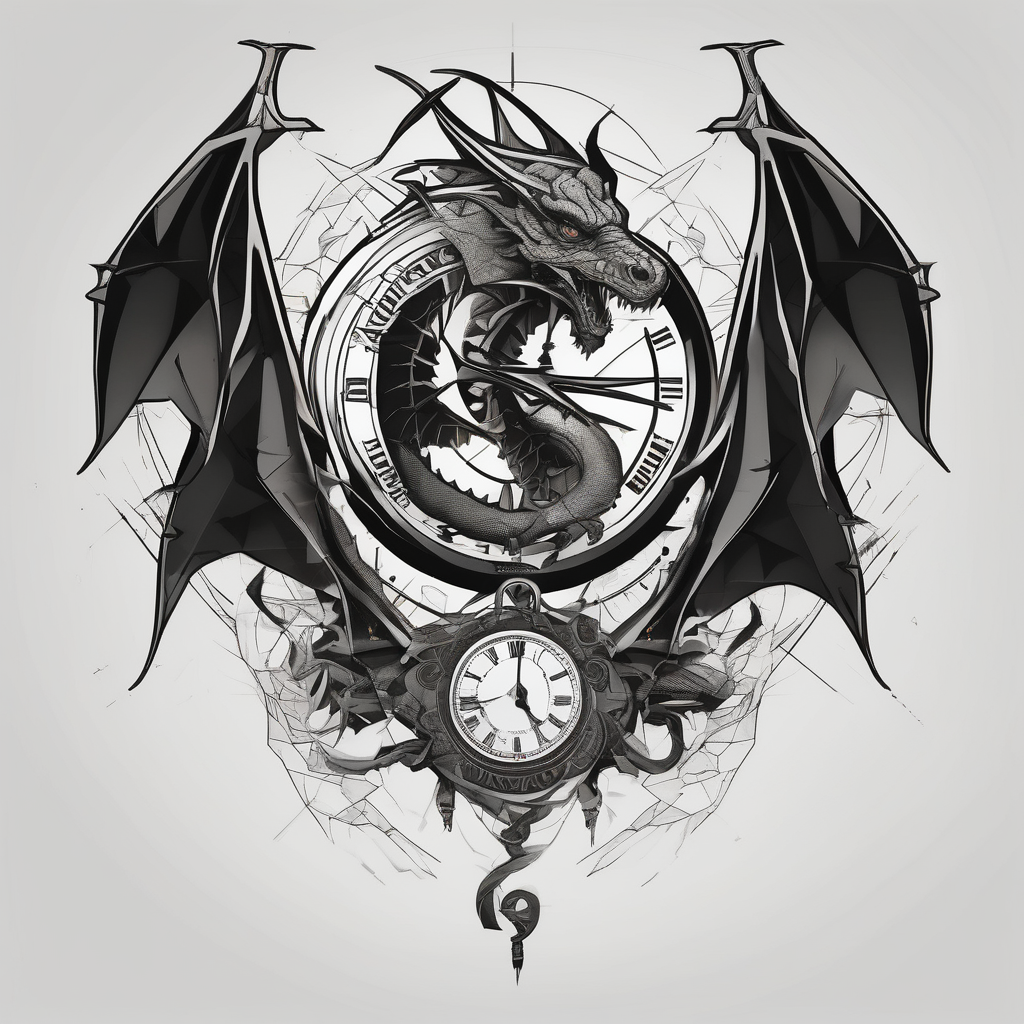 Horror dragon tattoo with clock, dollars and palm on background, diseño de tatuaje Geométrico generado con IA