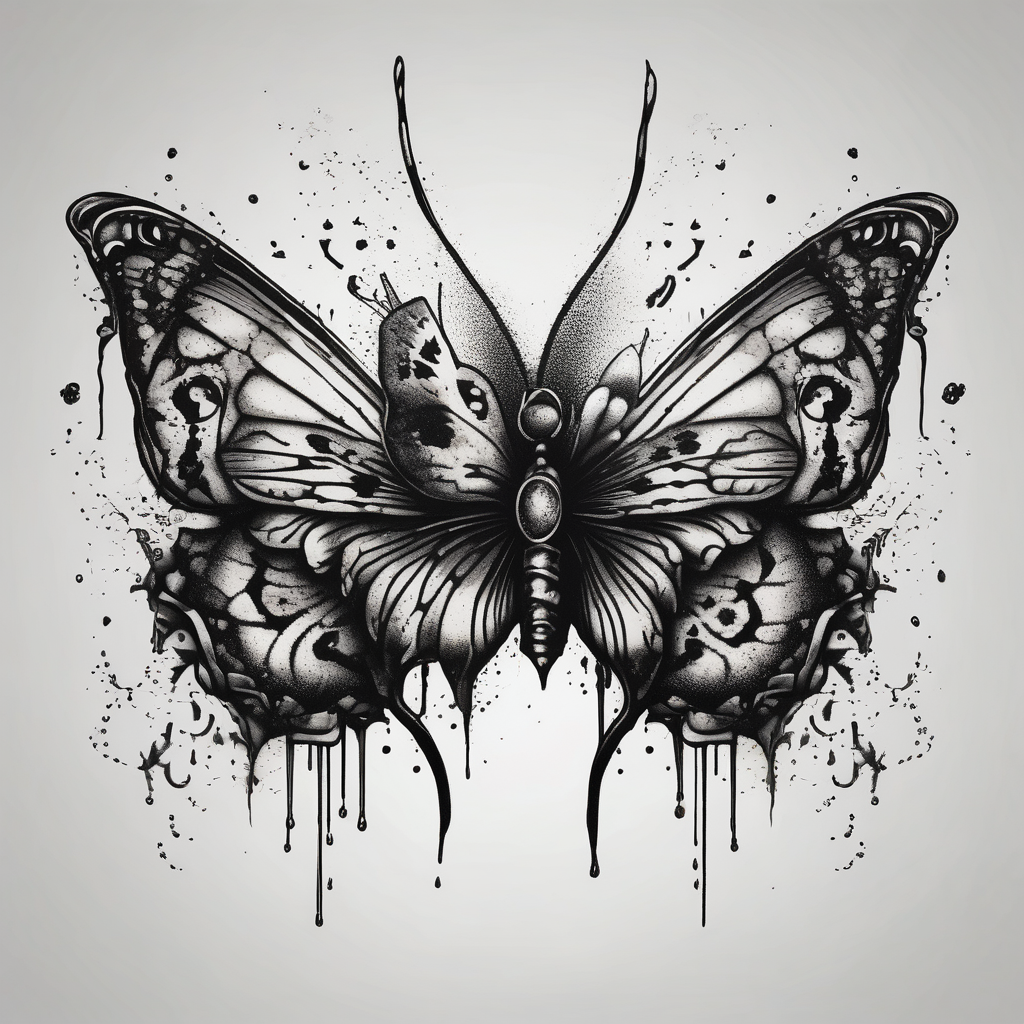 close up Bleeding butterfly and a second one who is in mental horror style and his placement is right and down from the first one, diseño de tatuaje Dotwork generado con IA