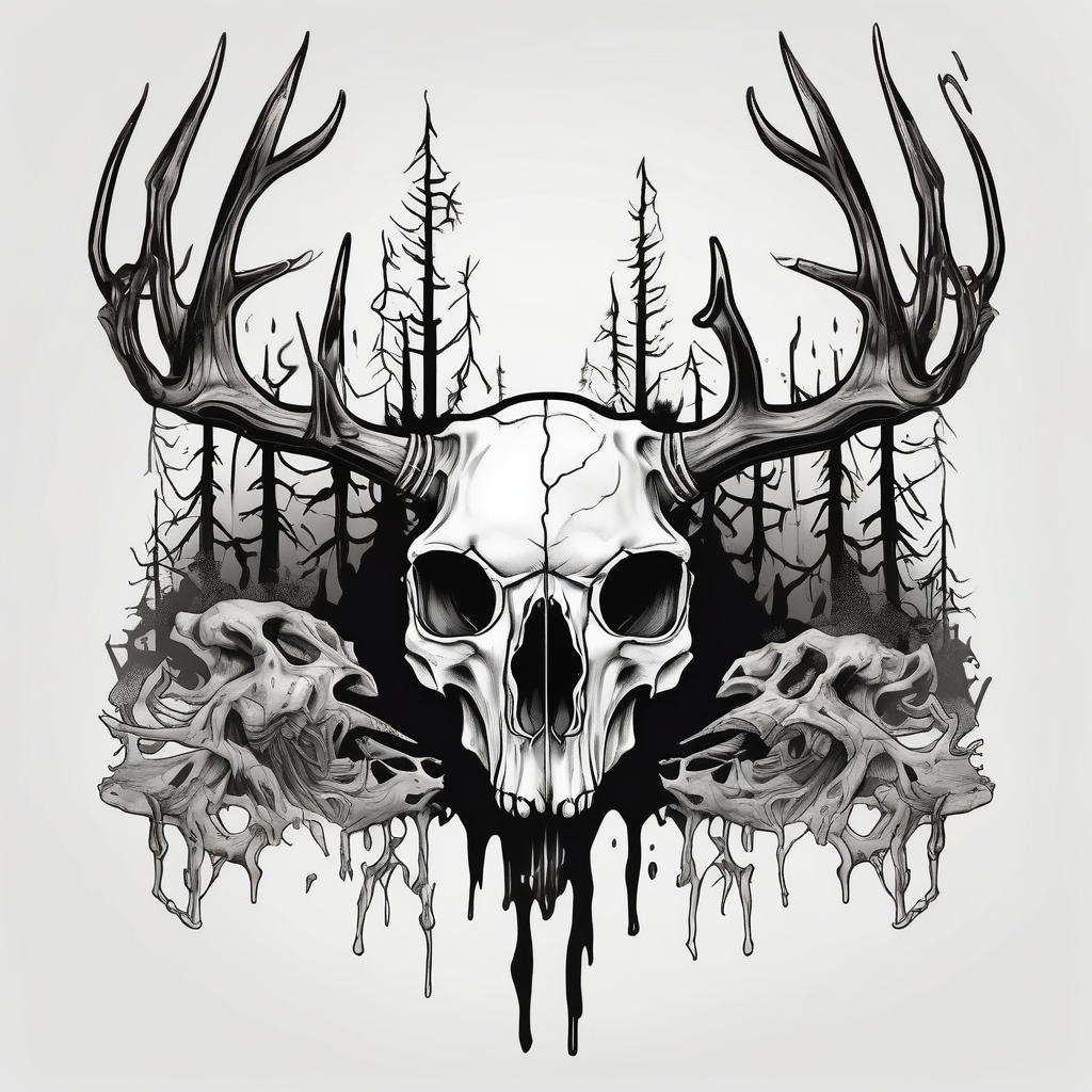 A frightening horror DECAYING deer skull JUST BONE FROM THE SIDE surrounded by a forest fire in background, diseño de tatuaje Cartoon generado con IA