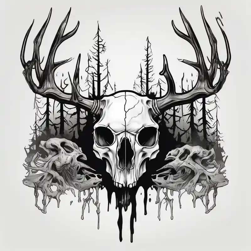 cartoon style Designs et Significations de Tatouages Cerf about A frightening horror DECAYING deer skull JUST BONE FROM THE SIDE surrounded by a forest fire in background and A frightening horror DECAYING deer skull JUST BONE FROM THE SIDE surrounded by a forest fire in background