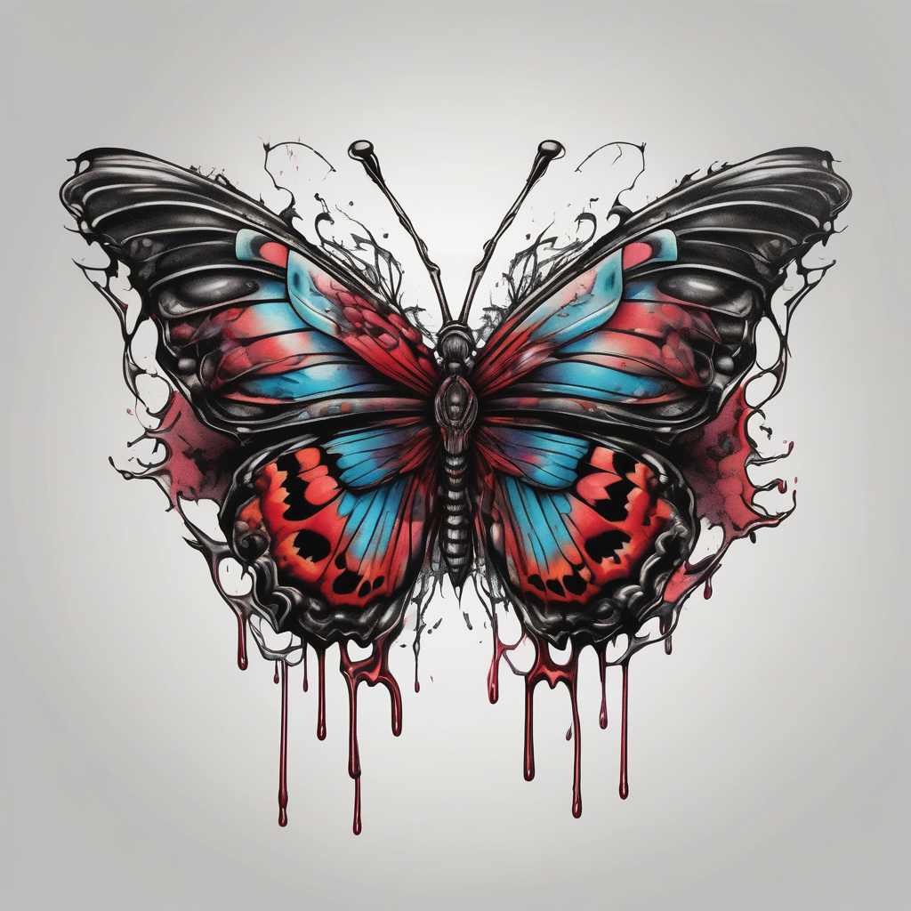 Bleeding butterfly and a second one who is in mental horror style and his placement is right and down from the first one, diseño de tatuaje Realista generado con IA
