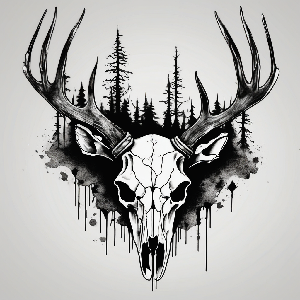 A frightening horror DECAYING deer skull JUST BONE FROM THE SIDE surrounded by a forest fire in background, diseño de tatuaje Acuarela generado con IA