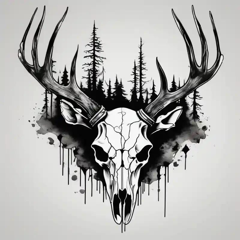 watercolor style Designs et Significations de Tatouages Cerf about A frightening horror DECAYING deer skull JUST BONE FROM THE SIDE surrounded by a forest fire in background and A frightening horror DECAYING deer skull JUST BONE FROM THE SIDE surrounded by a forest fire in background