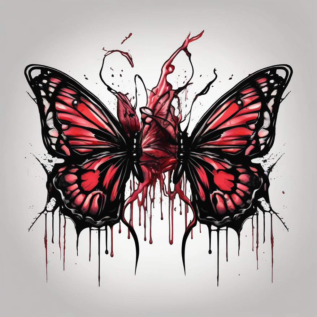 Bleeding butterfly and a second one who is in mental horror style and his placement is right and down from the first one, diseño de tatuaje Boceto generado con IA