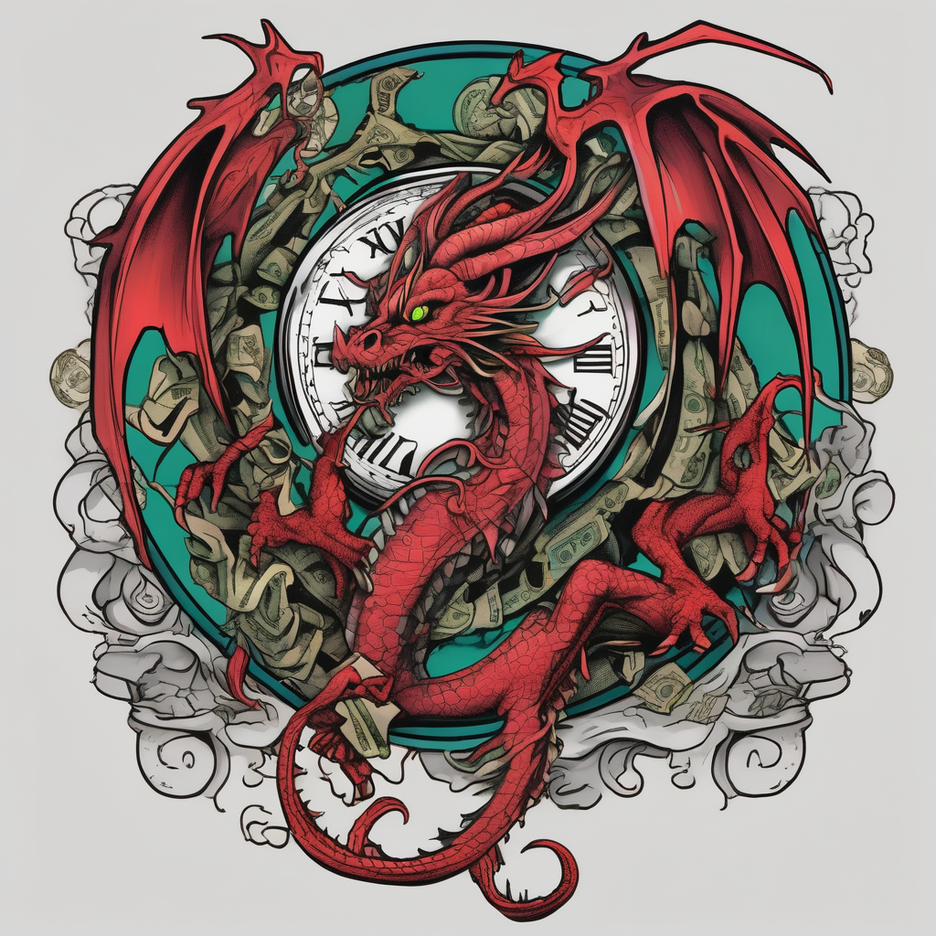 Horror dragon tattoo with clock, dollars on background, diseño de tatuaje Boceto generado con IA