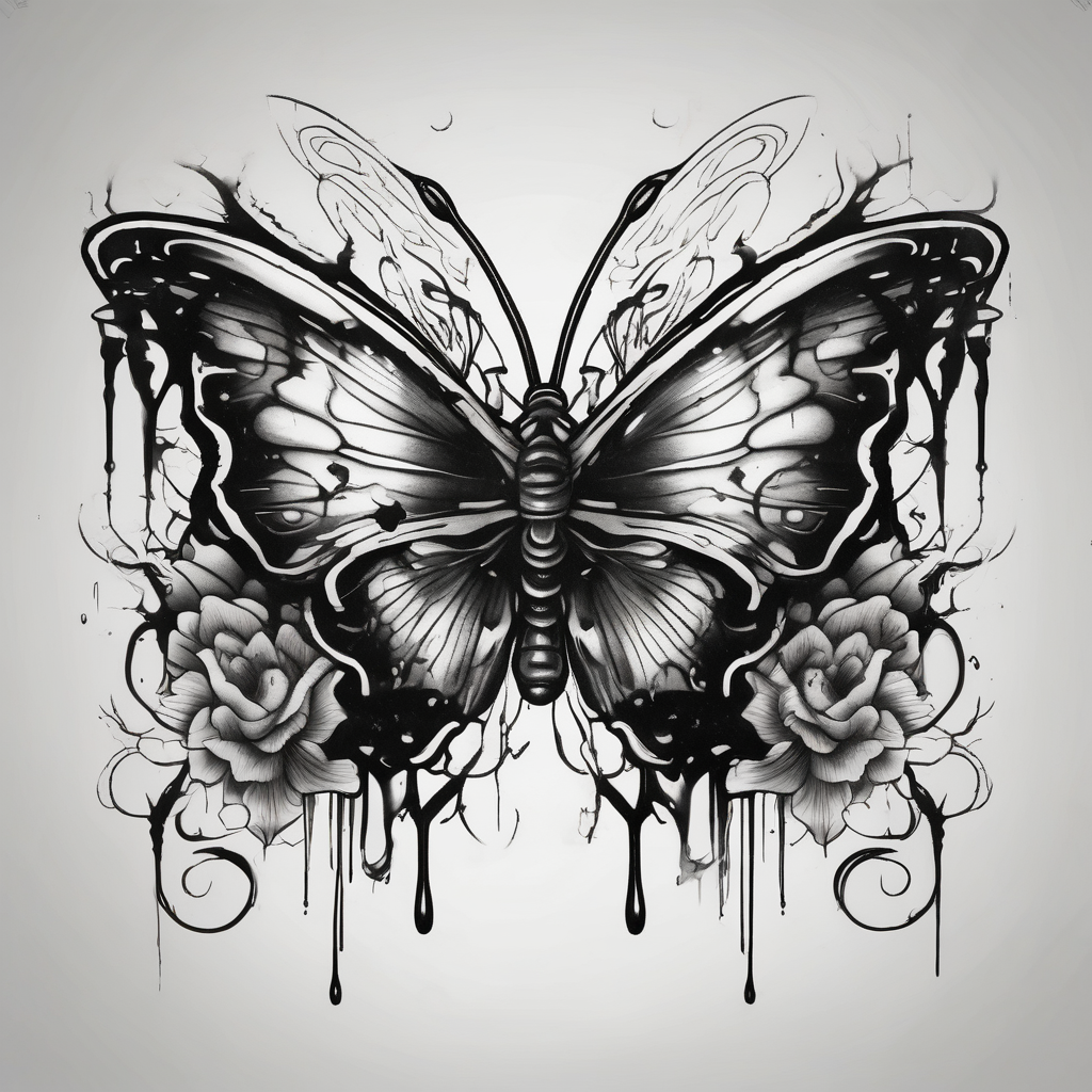 close up Bleeding butterfly and a second one who is in mental horror style and his placement is right and down from the first one, diseño de tatuaje Japonés generado con IA