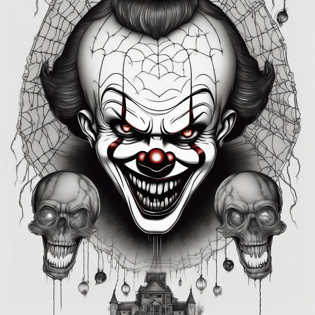 penny wise clown holding a single balloon, with spiders on webs that look evil , skulls all in a collage with other famous horror ,movie characters and an evil jack o lantern and pumpkin, diseño de tatuaje Dotwork generado con IA